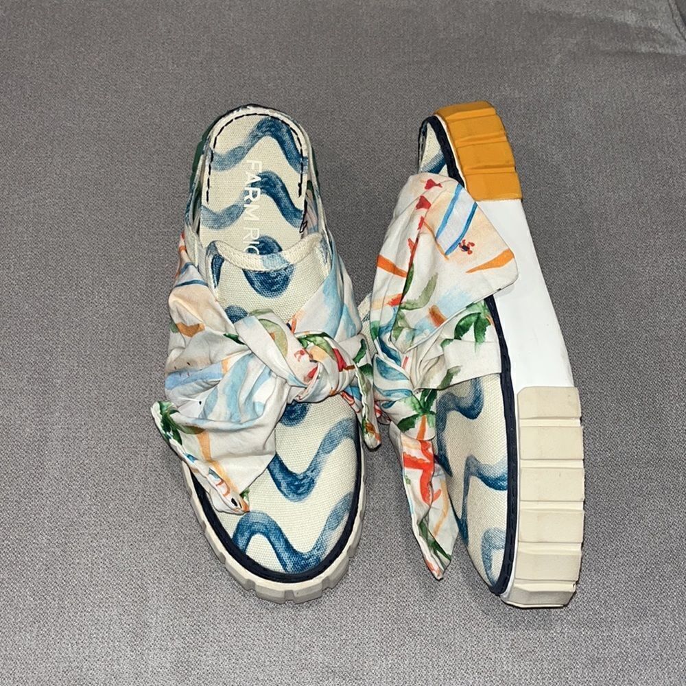 FARM Rio Multicolor Bow Slip-On Sneakers — Blue, White, Orange, Green